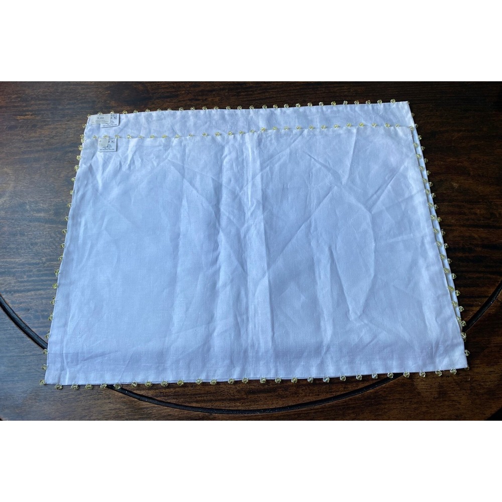 Pottery Barn 2 Placemats White Cotton Double Sided19"x14" Yellow Beads Trim New